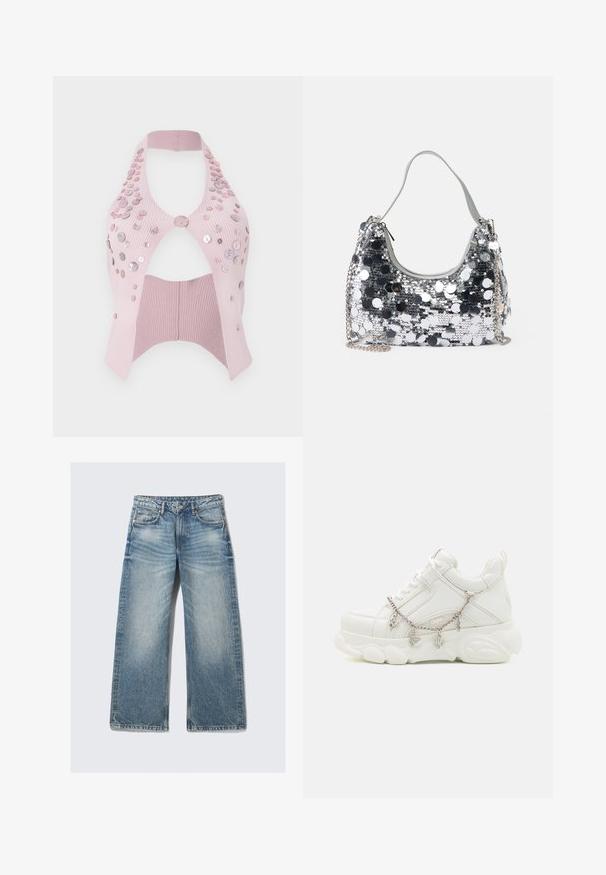 Lyserød ribbet kort top med halterneck, udført med udskæringer, pyntet med forskellige størrelser af blanke knapper på den ene side.; Lyseblå jeans med vide ben lavet af denim, med forlommer, lynlås foran og en falmet tekstur med diskrete whiskering-detaljer.; Hvide sneakers med en kraftig sål, tekstureret læderoverdel og dekorativ metal kæde med charms. Har snørebåndslukning og polstret krave.; Sølvglitrende håndtaske med rund form, blød håndtag og sølvfarvet kædestrop. Har en lynlåslukning og reflekterende detaljer.