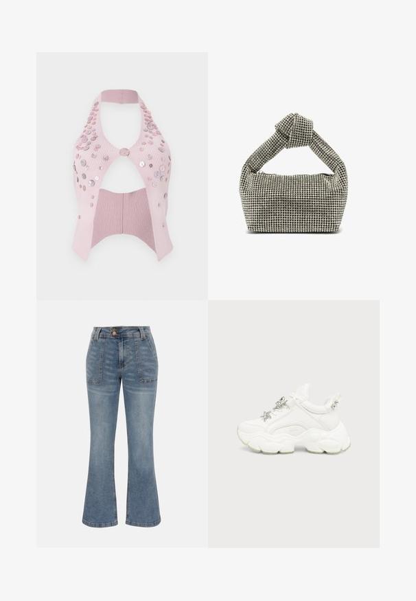 Top court rose en maille côtelée avec un col halter, design découpé, orné de boutons brillants de différentes tailles sur un côté.; Jean en denim bleu à taille haute, poches plaquées à l'avant, fermeture par bouton et zip, et une silhouette de jambe légèrement évasée.; Baskets blanches épaisses avec semelle texturée épaisse, étoile et décorations papillon argentées sur les lacets blancs, et clous argentés sur la languette du talon.; Sac à main argenté orné d'une poignée supérieure nouée, de forme rectangulaire, recouvert de petits strass ronds, texture lisse.