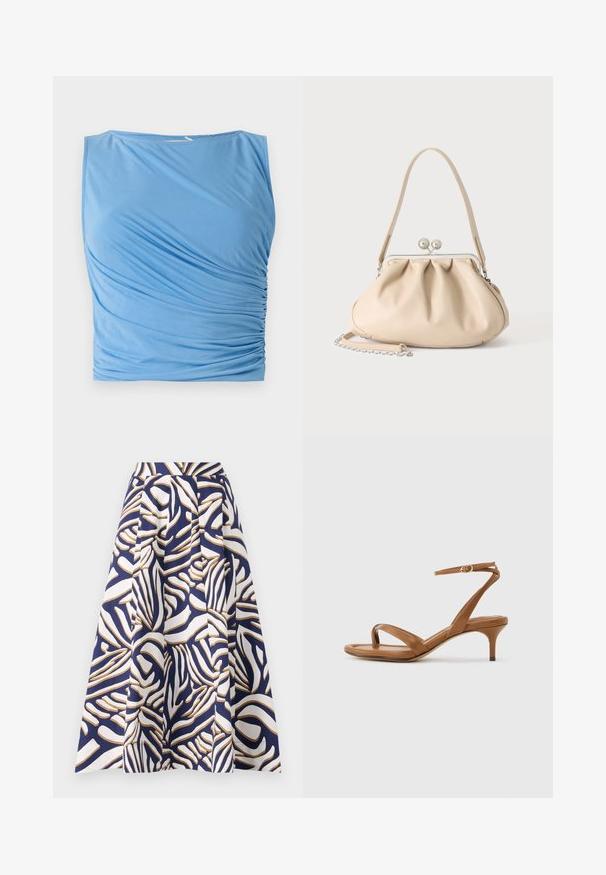 Top azul sin mangas hecho de una tela suave que presenta fruncidos drapeados en un lado, con un escote redondo y una textura suave.; Una falda hasta la rodilla hecha de algodón con un fondo azul marino y llamativos patrones abstractos en blanco y dorado; el diseño plisado añade volumen.; Sandalia de cuero marrón con tiras, tacón bajo de estilo kitten y una correa en el tobillo con una pequeña hebilla, mostrada de lado sobre un fondo liso.; Bolso de mano de cuero suave beige con cierre de marco metálico plateado, una correa para el hombro y una correa de cadena opcional sobre un fondo blanco.