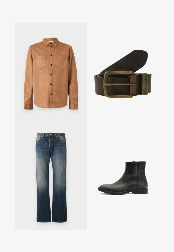 Braunes Wildleder-Hemd zum Zumachen mit langen Ärmeln, spitzem Kragen, zwei Brusttaschen und schwarzen Druckknöpfen vorne.; Dunkelblaue weit geschnittene Jeans aus Denim. Mit verblassten Details, traditionellem Fünf-Taschen-Design und einem Metallknopfverschluss an der Taille.; AllSaints LANG - Stiefelette - brown; Brauner Ledergürtel mit einer rechteckigen Messing-Schnalle. Besitzt eine glatte Textur und ein eingeprägtes "Wrangler"-Logo auf dem Riemen.