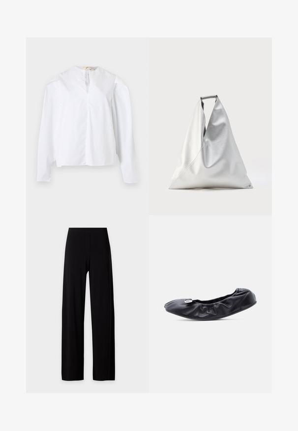 Blouse blanche à manches longues avec encolure ronde, fente à l'avant et coupe ample, présentée sur un fond clair uni.; Pantalon noir taille haute à jambes larges avec un devant lisse sans poches ni ornements visibles.; Chaussure plate en cuir noir avec un bout arrondi et un design froncé le long de l'ouverture. Présente un détail discret en métal argenté sur le devant.; Grand sac fourre-tout argenté de forme triangulaire avec une texture en cuir souple, debout verticalement avec une poignée supérieure visible sur un fond uni.