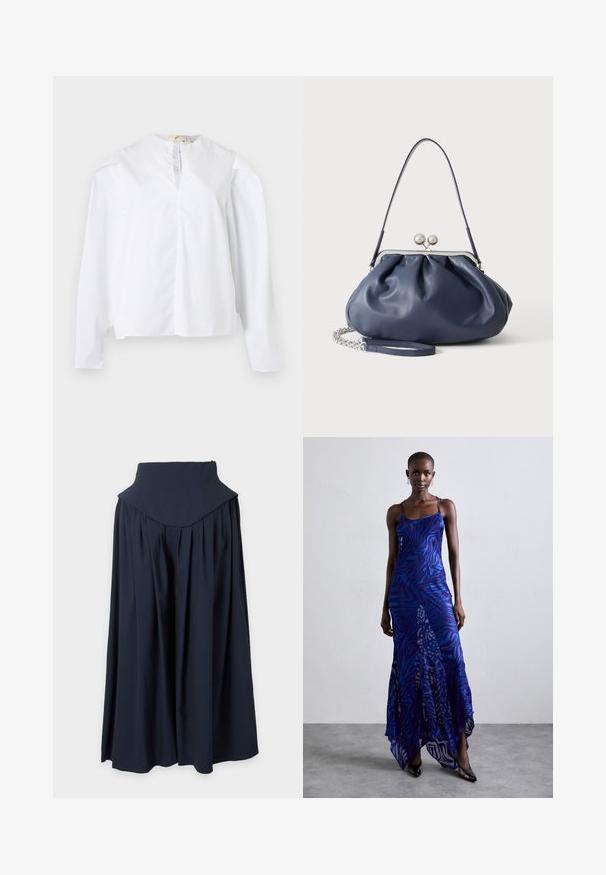 Witte blouse met lange mouwen, ronde hals, split aan de voorkant en losse pasvorm, afgebeeld op een effen lichte achtergrond.; Donker marineblauwe maxi-rok met hoge taille, brede tailleband en zachte plooien, vallend tot een zoom van volle lengte.; Blauwe en paarse dierenprint maxi jurk met dunne bandjes, een getailleerd bovenlijf, uitlopende zoom en een doorschijnende overlaydetail.; Zachte navyblauwe leren handtas met zilveren sluiting, enkele schouderband en afneembare ketting polsband op witte achtergrond.