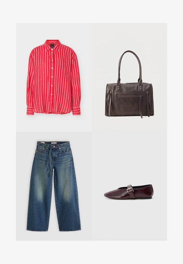 Rotes langärmliges Hemd mit weißen vertikalen Streifen und einer Brusttasche, flach auf hellem Hintergrund ausgelegt.; Dunkelblaue Denim-Hosen im weit geschnittenen Stil mit einem verwaschenen Design, ausgestattet mit einem Kordelzug am Bund und fünf Taschen.; Burgunderfarbene Leder-Ballettschuhe mit spitzem Schuhkopf, flacher Sohle und einem dekorativen Schnallenriemen quer über dem Spann. Glatte, glänzende Textur.; Dunkelbraune Lederhandtasche mit zwei Griffen, vorderer Reißverschlusstasche und zwei vertikalen seitlichen Reißverschlussdetails vor weißem Hintergrund.
