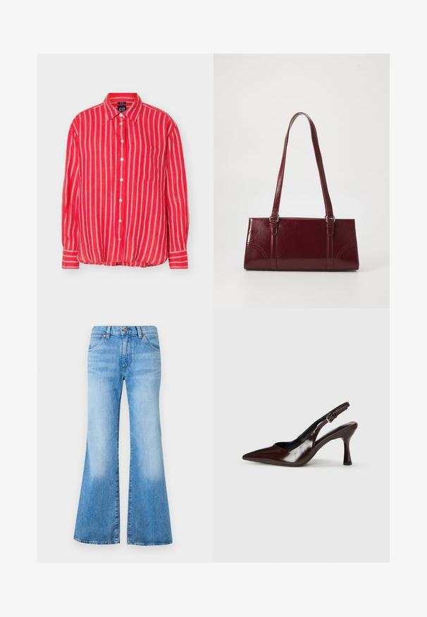Chemise rouge à manches longues avec des rayures verticales blanches et une poche poitrine, présentée à plat sur un fond clair.; Jean évasé bleu clair à taille haute, en denim. Comprend deux poches avant et des accents en métal sur les boutons. Texture délavée sur le tissu.; Talons slingback en cuir verni brun avec un bout pointu, un talon fin, et une sangle réglable avec une petite boucle.; Sac à main bordeaux en matériau brillant, de forme rectangulaire, avec deux anses et des accents légèrement courbés à l'avant.