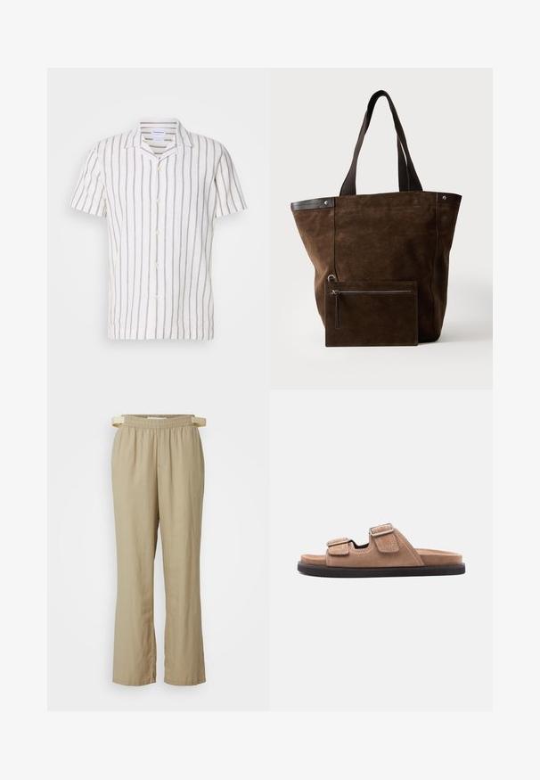 Chemise en lin à manches courtes avec des rayures verticales gris clair sur un fond blanc, dotée d'un col classique et d'une fermeture à boutons sur le devant.; Pantalons beige à jambes larges en tissu léger. Taille élastique avec cordon de serrage. Comprend des poches avant et des jambes droites.; Sandale à glissière en suède marron avec semelle noire, présentant deux brides ajustables avec boucles et détail de couture blanche, vue latérale sur fond blanc.; Sac cabas en daim marron foncé avec des poignées noires et une pochette rectangulaire zippée assortie fixée à l'avant.