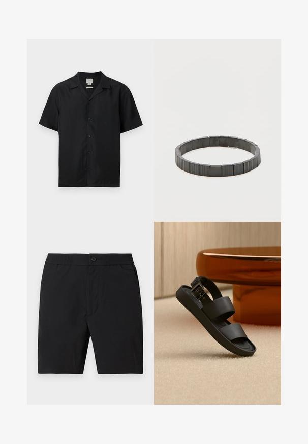 Chemise noire à manches courtes avec col camp, poche poitrine avant et ourlet droit.; Shorts mi-longs pour hommes noirs avec taille élastique, fermeture par bouton et poches latérales, présentés sur un fond uni.; Sandale noire avec double brides et une boucle sur un tapis beige, à côté d'une table ronde de couleur ambre dans une pièce aux tons neutres.; Bracelet élastique noir composé de perles rectangulaires segmentées. Les perles ont une texture lisse et une finition polie, créant une apparence uniforme.