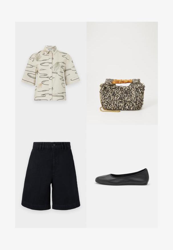 Chemise à manches courtes en coton crème présentant des motifs de lignes noires et des accents abstraits verts et beiges. Fermeture à boutons sur le devant avec un col.; Shorts en denim noir à coupe droite, avec une fermeture à bouton, des passants de ceinture et des ourlets roulés. Texture lisse avec des détails de couture subtils.; Ballerines en cuir noir avec un bout rond, texture lisse, détails de couture minimalistes et design de semelle flexible.; Sac tissé avec un motif texturé noir et crème, une poignée en bambou et une bandoulière en chaîne dorée amovible. Forme rectangulaire compacte.