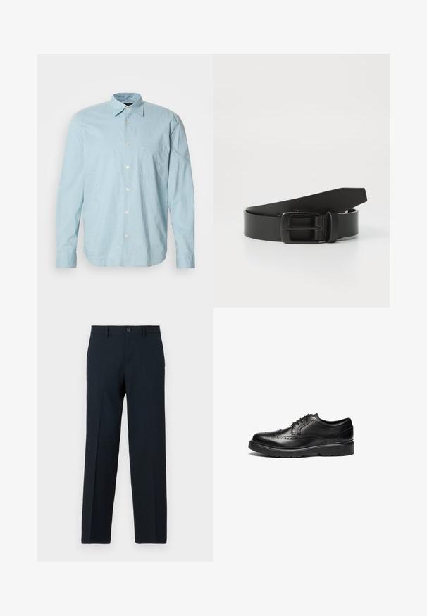 Helles blau karierter Langarmshirt mit Button-Down-Kragen, Brusttasche und weißen Knöpfen. Hergestellt aus einem glatten Stoff.; Schwarze Slim-Fit-Hose mit Knopf- und Reißverschluss, Gürtelschlaufen und geradem Bein.; Schwarze Leder-Dressschuhe mit Broguedetails, runder Zehenform und strukturiertem Sohlen. Verfügt über klassische Schnürung und einen stabilen Absatz für Unterstützung.; Schwarzer Leder Gürtel mit einer mattschwarzen Metallschließe, ausgestattet mit einer glatten Textur und einfachem Design. Verstellbare Länge mit zulaufendem Ende.