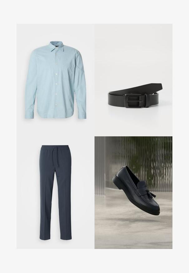 Camisa de manga larga a cuadros azul claro con cuello abotonado, bolsillo en el pecho y botones blancos. Elaborada con una textura de tejido suave.; Pantalones ligeros de color azul marino con cintura elástica y cordón, de piernas rectas y textura suave. Sin patrones ni acentos visibles.; Mocasines de cuero negro con textura suave, punta redondeada y borlas decorativas en el frente. Suela de goma flexible con tacón bajo.; Cinturón de cuero negro con hebilla metálica negra mate, que presenta una textura suave y un diseño sencillo. Longitud ajustable con un extremo cónico.