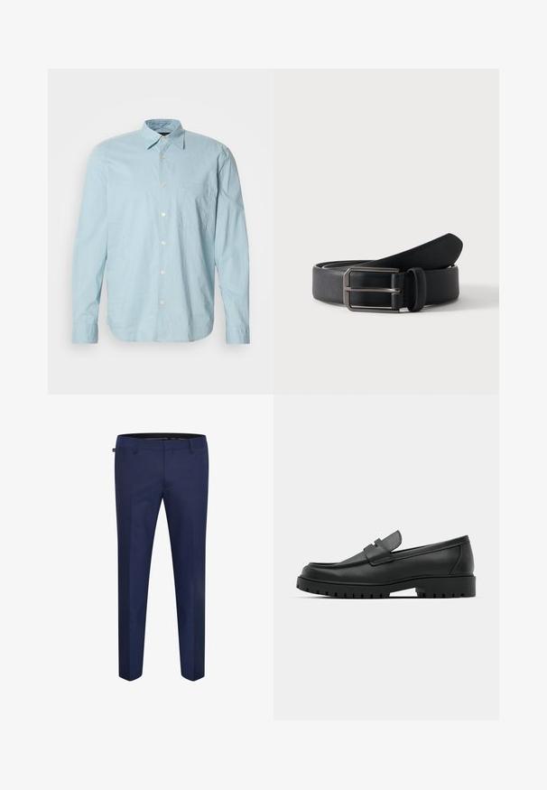 Helles blau karierter Langarmshirt mit Button-Down-Kragen, Brusttasche und weißen Knöpfen. Hergestellt aus einem glatten Stoff.; Marineblaue maßgeschneiderte Hose aus einem glatten Stoff, mit schmaler Passform und flacher Vorderseite ohne sichtbare Taschen oder Verzierungen.; Schwarze Lederloafer mit runder Zehenform, ausgestattet mit einem gesteppten Design, niedrigem Plattformsohle und einer strukturierten, genoppten Gummisohle.; Schwarzer Ledergürtel, zusammengerollt mit rechteckiger silberner Metallschnalle auf schlicht hellem Hintergrund.