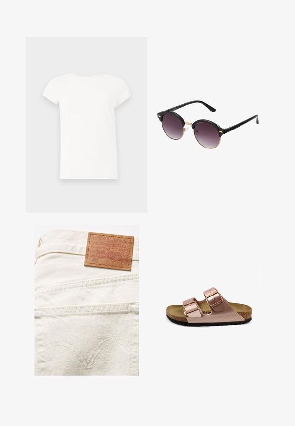 Camiseta blanca de manga corta con cuello redondo y una textura de algodón suave. Diseño simple sin patrones ni acentos.; Denim blanco con una etiqueta de cuero que presenta texto en relieve, incluyendo "LEVI STRAUSS & CO.", y costuras detalladas en los bolsillos traseros.; Sándal de piel vegana rosa con dos correas ajustables con hebilla, plantilla de corcho y suela de goma negra. Diseño minimalista con un perfil plano.; Gafas de sol redondas con montura de plástico negro y lentes en degradado púrpura oscuro. Accentos metálicos dorados en la montura. Brazos delgados en negro.