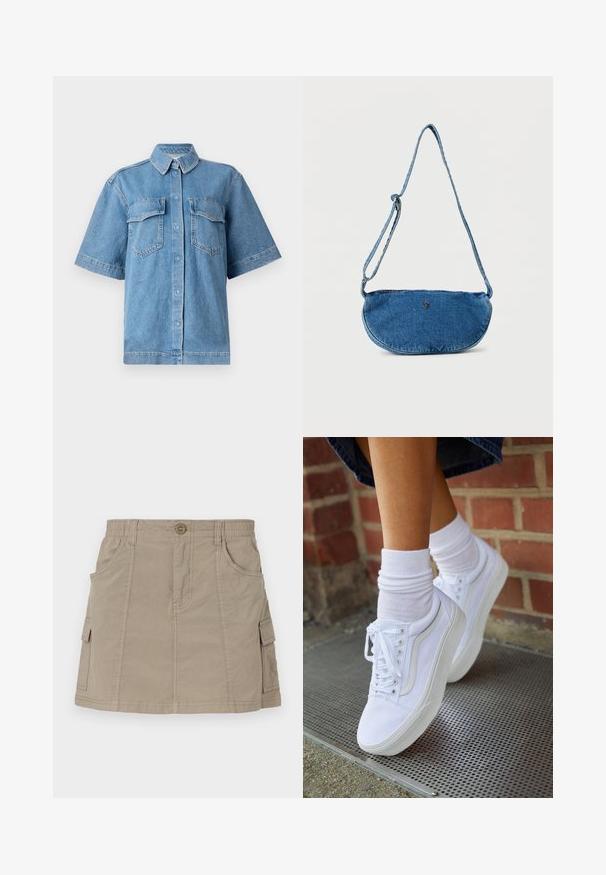 Chemise bleue en denim à manches courtes avec col, deux poches poitrine et fermeture par boutons. Présente une coupe décontractée et une texture délavée.; Jupe cargo kaki avec taille élastique, poches avant et poches cargo sur les côtés. Fabriquée dans un tissu léger au toucher doux.; Baskets en toile blanches avec semelles en caoutchouc, dotées de six œillets, d'un bout rond et de détails de couture légers, portées avec des chaussettes blanches mi-mollet.; Sac bandoulière en jean bleu avec sangle ajustable et petit logo métallique sur le devant, présenté sur fond blanc.