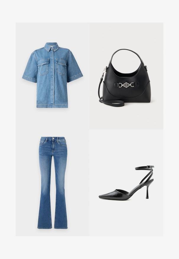 Chemise bleue en denim à manches courtes avec col, deux poches poitrine et fermeture par boutons. Présente une coupe décontractée et une texture délavée.; Jeans taille haute en denim bleu avec poches avant, fermeture à bouton et à glissière, et jambes évasées.; Escarpin noir à bout pointu avec fines brides de cheville et fermeture à boucle argentée sur fond clair uni.; Sac à bandoulière en cuir noir avec poignée supérieure incurvée, fermoir métallique argenté et bandoulière amovible sur fond clair uni.