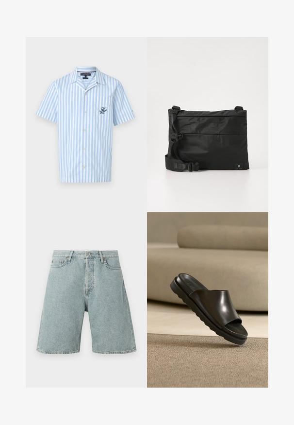 Kortærmet skjorte med knapper, med lodrette blå og hvide striber, en forlommer med broderede initialer og en klassisk krave.; Lysblå denim shorts med en afslappet pasform, fem lommer og knaplukning. Slidt udseende med synlige sømdetaljer.; Sort læder slide sandal med tyk sål og åben tå, der hviler på beige tæppe med matchende sofa i baggrunden.; Sort nylon messenger-taske med justerbar rem, fladt design og et sideetiket med et logo. Glat tekstur og minimalistisk stil.