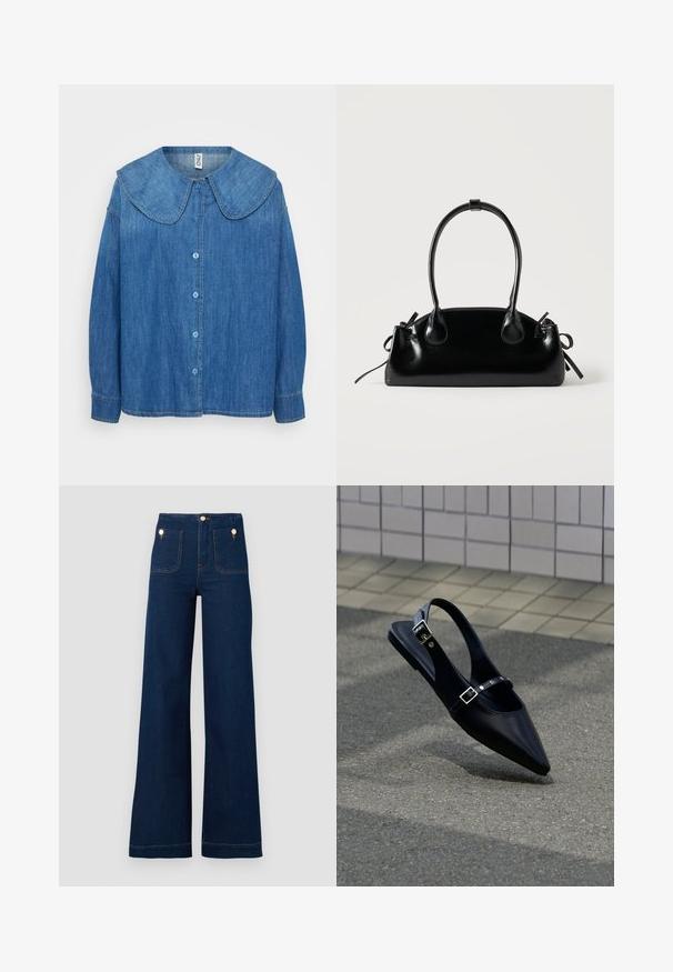Denimskjorte med en stor, rund krave, lange ærmer og frontknaplukning i medium blå. Ingen synlige mønstre eller accenter.; Mørkeblå vidde jeans med høj talje, guldknap-detaljer, to for- og baglommer samt kontrastsyede detaljer. Tekstureret denim stof.; Sort flad slingback med spids tå og dobbelte spænder, hvilende på grå asfalt nær flisevæg.; Lille sort blank håndtaske med to lange håndtag og snøre-detaljer i siden på en ensfarvet lys baggrund.