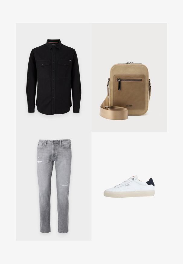 Replay SHIRT - Chemise - black; Jean clair en denim, présentant des zones déchirées et une coupe droite. Design classique à cinq poches avec des accents en métal.; Baskets basses blanches avec semelle beige, lacets blancs, languette de talon noire et logo "Pepe Jeans London" sur le côté.; Petit sac bandoulière beige avec poche avant zippée, logo métallique ALDO, sangle large ajustable et forme rectangulaire arrondie sur fond blanc.