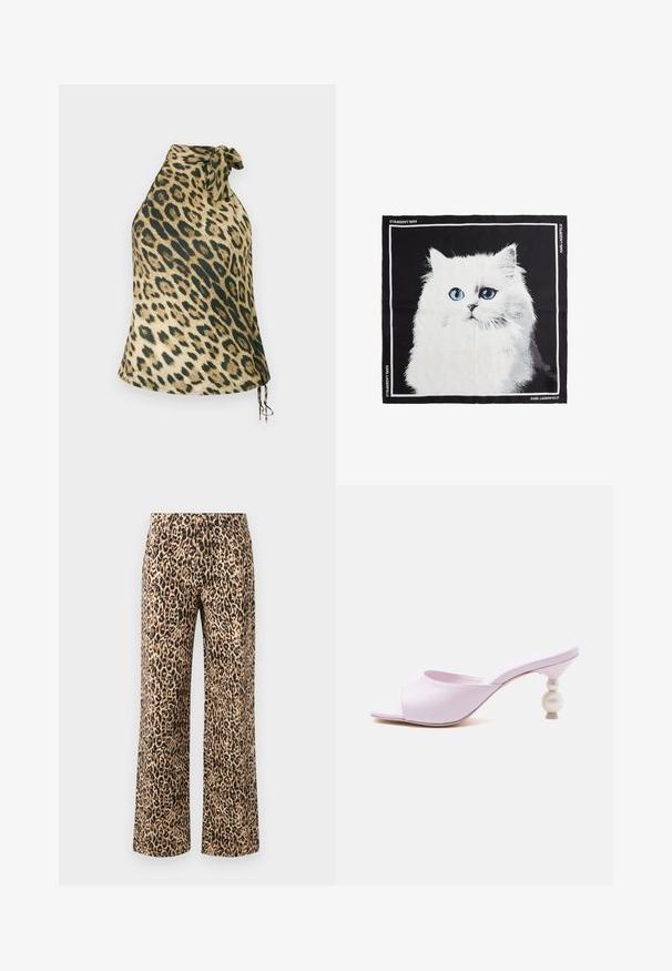 Haleopardmønstret top med halterneck i blødt stof. Har en knytning ved halsen og dekorative snore i kanten. Farvepaletten inkluderer beige og mørkegrøn.; Leopardprint brede benbukser i beige og sort. Fabrik i bomuldsblanding med en glat tekstur, der har et højt talje design og ingen synlige metaldele.; Lilla mule med åben tå, bred rem og unikt dekorativt hæl med stablede perle-lignende kugler.; Silk tørklæde med en illustration af en hvid kat med blå øjne på en sort baggrund. Det har en hvid kant og Karl Lagerfeld-branding.