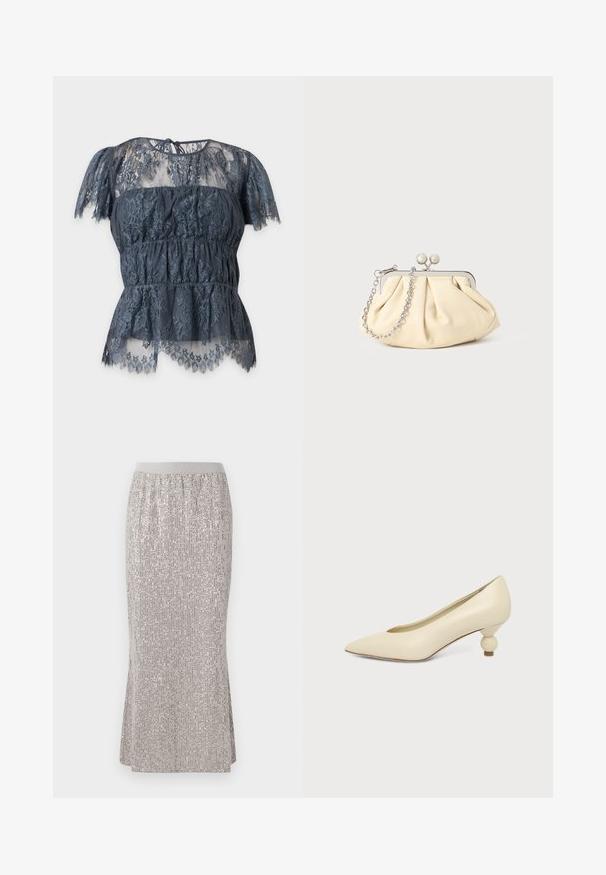 Blouse en dentelle gris foncé à manches courtes avec motifs floraux, parties supérieures et inférieures transparentes, et fermeture à nouer au dos du col.; Jupe en sequins argentés, longueur genoux, avec une taille ajustée, présentant des motifs de brillance verticaux et des fentes latérales pour faciliter le mouvement.; Chaussure femme couleur crème à bout pointu avec un petit talon rond en forme de boule, sur fond uni.; Pochette en cuir beige plissé avec un cadre en métal argenté, dotée de deux fermoirs ronds décoratifs et d'une chaîne en argent.