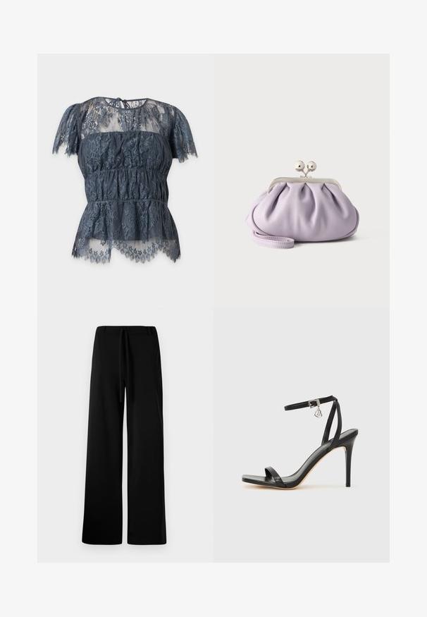 Blusa de encaje gris oscuro de manga corta con estampados florales, secciones superiores e inferiores transparentes y cierre de lazo en la parte posterior del cuello.; Pantalones anchos de color negro, fabricados en un tejido suave, con cintura elástica y cordón, textura lisa y sin bolsillos ni estampados visibles.; Sandalia de tacón alto negra con una estrecha correa en el tobillo, punta cuadrada, material de cuero liso y detalle de hebilla metálica.; Bolso de mano suave de lavanda con tela recogida, cierre de beso plateado y correa de muñeca a juego sobre un fondo liso y claro.