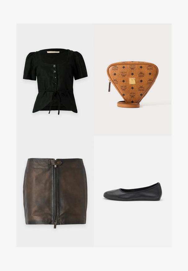 Blusa de lino negra con mangas cortas abullonadas, escote cuadrado, cinco botones negros en la parte delantera y un lazo en la cintura. Tejido texturizado.; Minifalda de cuero negro con cierre de cremallera frontal, textura suave y una cinturilla estrecha. Presenta un pequeño acento metálico en la cinturilla.; Bailarina de piel negra con punta redondeada, textura suave, detalle de costura minimalista y diseño de suela flexible.; Bolso bandolera triangular de cuero marrón con logos MCM negros, placa metálica dorada de la marca y cremallera en un fondo blanco.