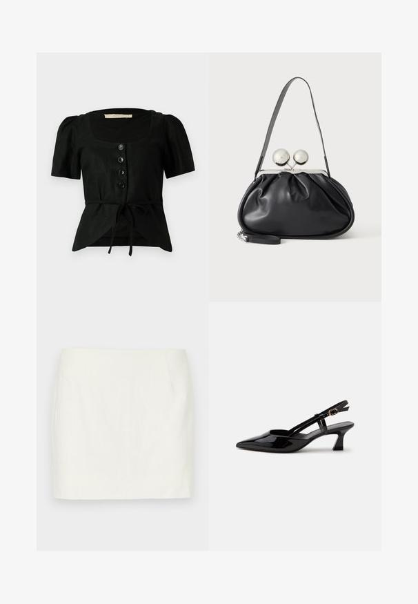 Sort linen bluse med korte puffærmer, firkantet halsudskæring, fem sorte knapper foran og et bånd i taljen. Struktureret stof.; Hvid linned mini nederdel med lige snit, der har sidelommer og en glat tekstur. Ingen synlige mønstre eller accenter.; Sort laklæderslingback med lille hæl, spids tå og justerbar guldlåsrem på hvid baggrund.; Sort læderhåndtaske med opsamlet design, en enkelt rem, sølv metalramme og to store runde sølv lukninger.
