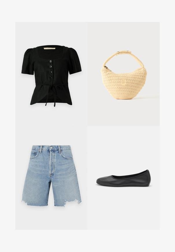 Blouse en lin noir avec des manches bouffantes courtes, décolleté carré, cinq boutons noirs à l'avant et un lien à la taille. Tissu texturé.; Shorts en denim bleu clair taille haute, avec un ourlet effiloché, deux poches avant et un design classique à cinq poches.; Ballerines en cuir noir avec un bout rond, texture lisse, détails de couture minimalistes et design de semelle flexible.; Sac à main beige tissé avec corps arrondi, fermeture éclair et une sangle courte et épaisse dans un style crochet simple et texturé.