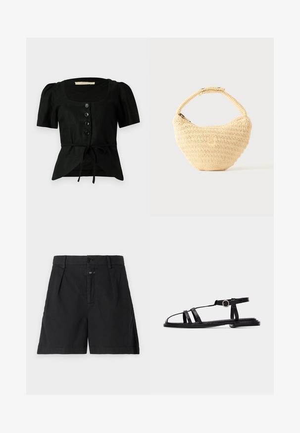 Blouse en lin noir avec des manches bouffantes courtes, décolleté carré, cinq boutons noirs à l'avant et un lien à la taille. Tissu texturé.; CLOSED REVYL - Short en jean - black; Sandale plate noire avec fines lanières, boucle à la cheville et design minimaliste à bout ouvert sur un fond clair uni.; Sac à main beige tissé avec corps arrondi, fermeture éclair et une sangle courte et épaisse dans un style crochet simple et texturé.