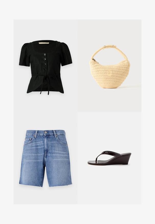 Schwarze Leinenbluse mit kurzen Puffärmeln, quadratischem Ausschnitt, fünf schwarzen Knöpfen auf der Vorderseite und einem Bindeband in der Taille. Texturierter Stoff.; Hellblaue Denim-Shorts mit geradem Schnitt, ausgefranstem Saum, fünf Taschen und metallischem Knopfverschluss. Der Stoff hat eine glatte Textur mit leichtem Verblassen.; Braune Sandale mit Keilabsatz aus Lackleder mit Zehensteg und offenem Zehenbereich, seitlich auf einfarbigem Hintergrund gezeigt.; Beige gewebte Handtasche mit rundem Körper, Reißverschluss und kurzem, dickem Riemen in einfachem, strukturiertem Häkelstil.