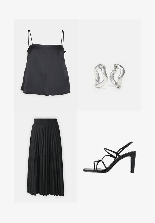 House of Dagmar SHINY STRAP TOP - Top - dark navy; Sort plisseret nederdel med en bredtalje, prydet med ensartede lodrette folder. Glat tekstur med et svævende design.; Sorte hælede sandaler med tynde stropper, en tekstureret overflade, åben tå og et slankt, spidst hældesign. Har en glat indersål og en skinnende overflade.; Sølv øreringe i hoop-design med snoet mønster. Runde kanter og blank finish. Åbne lukninger for nem brug. Glat tekstur over det hele.