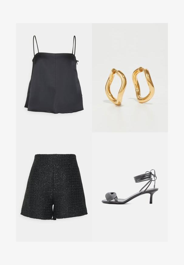 House of Dagmar SHINY STRAP TOP - Μπλούζα - dark navy; Μαύρο υφαντό σορτς με υφή και διακριτική γυαλάδα. Διαθέτει ψηλή μέση και δομημένο σχήμα Α.; Γκρι δερμάτινο σανδάλι με τακούνι, με δεμένη λωρίδα στους δακτύλους και κορδόνια που τυλίγονται γύρω από τον αστράγαλο, σε λεπτό μεσαίο τακούνι, σε λευκό φόντο.; Χρυσά σκουλαρίκια κρίκοι με καμπύλο, ανώμαλο σχήμα και λεία, γυαλιστερή υφή. Χωρίς ορατό εξοπλισμό ή λεπτομέρειες.