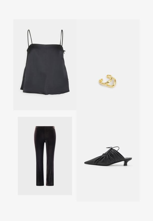 House of Dagmar SHINY STRAP TOP - Top - dark navy; Pantalones de terciopelo negro con un ajuste slim, que presentan una textura suave y un brillo sutil, sin herrajes ni patrones visibles.; Mules negros de cuero sin hebillas con punta afilada, textura recogida y un pequeño tacón de gato. Presentan un detalle de cordón en la abertura.; Maria Black RIVER EARCUFF - Pendientes - gold-coloured