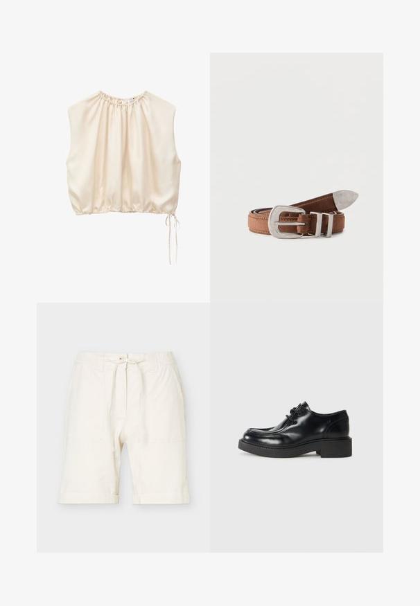 Fløjlsbluse i cremefarve uden ærmer med rynket elastisk halsudskæring og kant, bindedetalje på nederste højre side.; Off-white knælange shorts med elastisk taljebånd, snørelukning, forlommer og løs pasform i letvægtsstof.; Sorte læder oxford sko med rund tå, snørebåndsdesign og en tykk sort gummisål. Glat tekstur og minimale syninger.; Brunt læderbælte rullet sammen med en stor sølvspænde og metalspids, placeret mod en hvid baggrund.