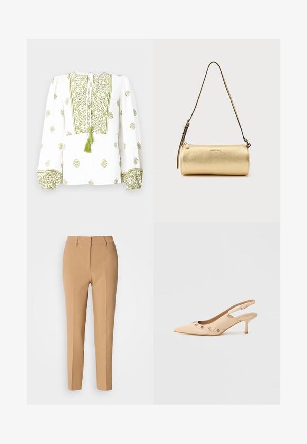 Blusa blanca con bordado floral verde, escote con abertura en forma de llave y borlas, y mangas largas fruncidas con puños a juego.; Pantalones tailored en tono beige, confeccionados en una tela suave, con frente plano, presillas para cinturón y dos bolsillos laterales; de corte slim con diseño de pierna recta.; Zapato de salón beige con tira trasera, punta puntiaguda, con un corte redondeado y detalles decorativos plateados a lo largo del escote. Tacón de aguja.; Bolso de hombro cilíndrico de cuero dorado con correa ajustable y cierre de cremallera, con el logo de Michael Kors centrado en el frente.