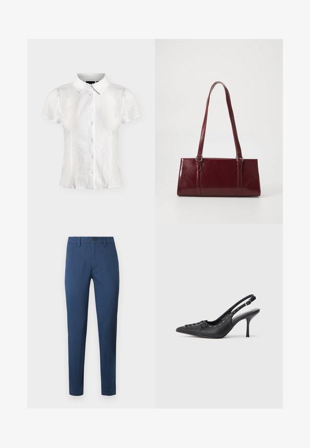Hvid kortærmet bluse med knapper foran og spids krave, med subtil lodret tekstur i stoffet.; Blå bomulds chinos med slim fit, der har knaplukning, bæltestropper og standard lommer, glat tekstur og rene linjer.; Sorte læder slingback stiletto med spids tå, side spændebånd, nitter langs kanten og dekorativ snøring foran.; Bordeaux håndtaske lavet af glansfuldt materiale, rektangulær form, med to skulderremme og subtile buede detaljer på forsiden.