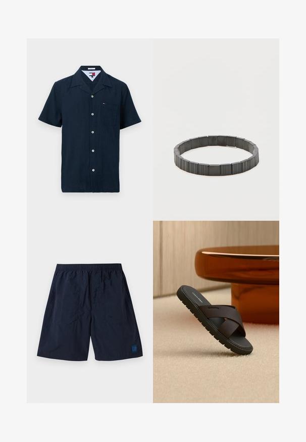 Chemise bleu marine à manches courtes avec col pointu et poche poitrine ornée d'un petit logo de drapeau.; Shorts bleu marine en matériau léger avec une taille élastique et un petit logo carré GAP en bas à droite.; Sandale à glissière noire avec des brides croisées texturées sur un tapis beige près d'une base de table ronde de couleur ambre.; Bracelet élastique noir composé de perles rectangulaires segmentées. Les perles ont une texture lisse et une finition polie, créant une apparence uniforme.