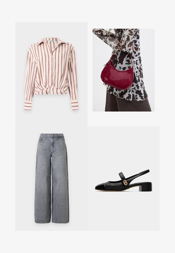 Blouse blanche à manches longues boutonnée avec des rayures rouges verticales et un nœud à l'avant, col et manches avec poignets.; Jean en denim à jambes larges dans un délavé gris, avec cinq poches, une fermeture à bouton et une texture douce avec des détails de whiskering subtils.; Chaussure en cuir noir à talon ouvert avec un bout rond, présentant un cap glossy et un accent doré sur la sangle, maintenue par un petit talon bloc.; Femme portant un chemisier à motif noir et blanc tenant un sac à main rouge brillant sur un fond uni.