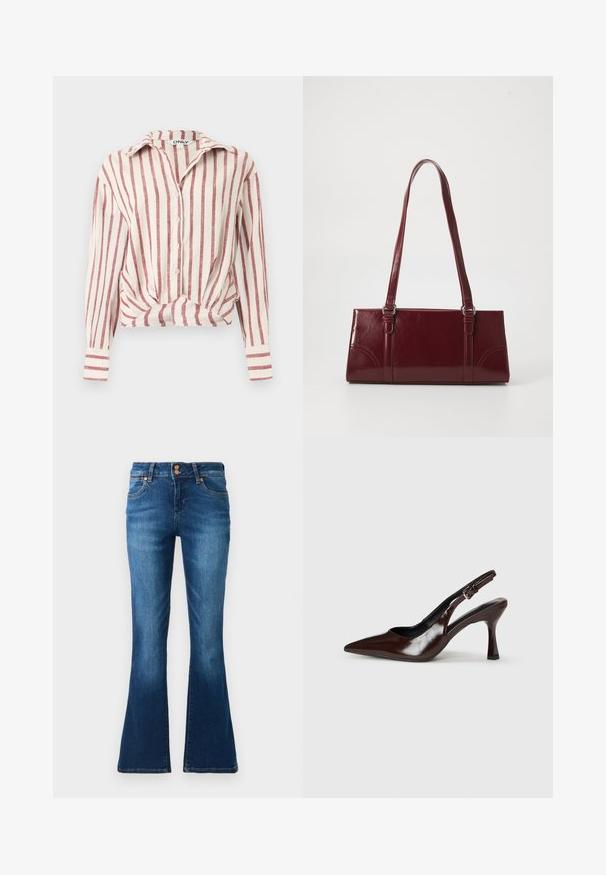 Witte blouse met lange mouwen, knoopsluiting, verticale rode strepen en een geknoopt voorpand, kraag en manchetten.; Blauwe denim flared jeans met voorzakken, ceintuurlussen en dubbele knoopsluiting, weergegeven op een effen achtergrond.; Bruine gepatineerde leren slingback pumps met een spitse neus, een dunne hak en een verstelbaar bandje met een kleine gesp.; Bourgondische handtas van glanzend materiaal, rechthoekige vorm, met twee schouderbanden en subtiele gebogen accenten aan de voorkant.