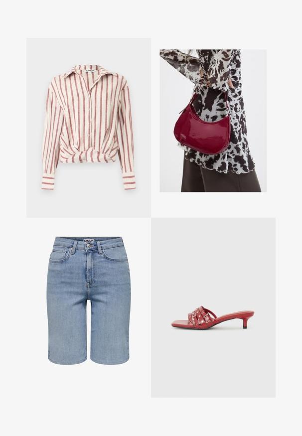 Blouse blanche à manches longues boutonnée avec des rayures rouges verticales et un nœud à l'avant, col et manches avec poignets.; Shorts en denim bleu clair avec poches avant, passants pour ceinture, un bouton en métal et une braguette zippée.; Mules rouges à bout ouvert avec un petit talon, présentant plusieurs lanières horizontales avec des accents ronds. Fini lisse et brillant. Forme de bout carrée.; Femme portant un chemisier à motif noir et blanc tenant un sac à main rouge brillant sur un fond uni.