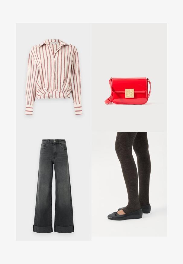 Blouse blanche à manches longues boutonnée avec des rayures rouges verticales et un nœud à l'avant, col et manches avec poignets.; Jeans larges noirs taille haute avec ourlets retroussés, bouton frontal et poches, présentés sur un fond clair uni.; Jambes portant des leggings côtelés foncés associés à des ballerines noires avec de petits détails en nœud sur fond blanc.; Sac bandoulière en cuir verni rouge avec un fermoir en logo doré, texture lisse et sangle ajustable, présentant une forme rectangulaire et une fermeture à rabat.