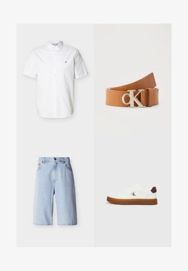 Chemise blanche à manches courtes avec col et petit logo noir "cK" sur le côté gauche de la poitrine.; Shorts en denim bleu clair jusqu'aux genoux avec boutons et fermeture éclair à l'avant, passants pour ceinture et poches latérales, présentés sur un fond uni.; Baskets blanches avec une semelle en gomme, des lacets plats et un accent en daim marron au talon. Présente un logo "cK" discret en relief sur le côté.; Ceinture en cuir marron roulée avec une boucle métallique argentée "cK" et un logo subtil Calvin Klein embossé à l'extrémité de la sangle.