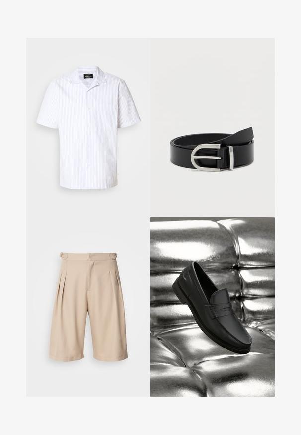 Camisa de manga corta en blanco con rayas verticales azul claro, con cuello puntiagudo y un bolsillo en el pecho.; Pantalones cortos beige con pliegues y un diseño a medida, que presentan una textura suave y bolsillos laterales, asegurados con una cremallera oculta en la cintura.; Mocasines de cuero negro con una textura suave, que presentan detalles de costura y un diseño clásico, mostrados sobre un fondo metálico y brillante.; Cinturón de cuero negro con una textura suave, que presenta una hebilla de metal plateado y una forma rectangular clásica.