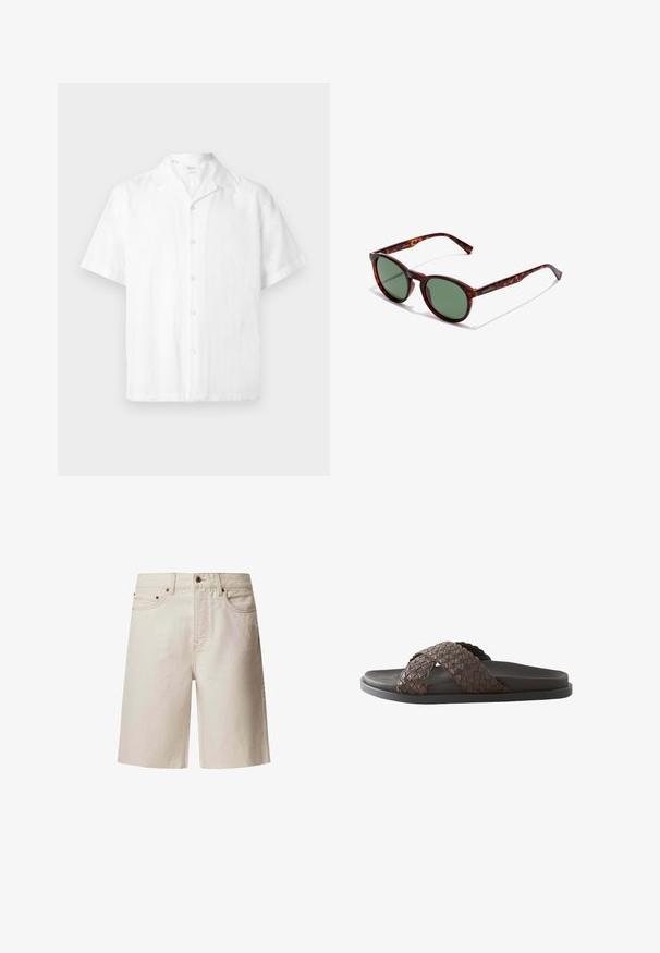 Hvid kortærmet skjorte med knapper og camp-krave, lavet af letvægtsstof, vist mod en ensfarvet baggrund.; Beige denim shorts med lige snit, fem lommer, topknap og bæltesløjfer. Glat tekstur med subtile sømdetaljer.; Mænds mørkebrune slidesandal med vævede læderkrydsremme og en sort sål på en hvid baggrund.; Brune skildpaddedesign solbriller med runde rammer, grønne linser og mønstrede tempelarme. Har brandlogo på en arm.