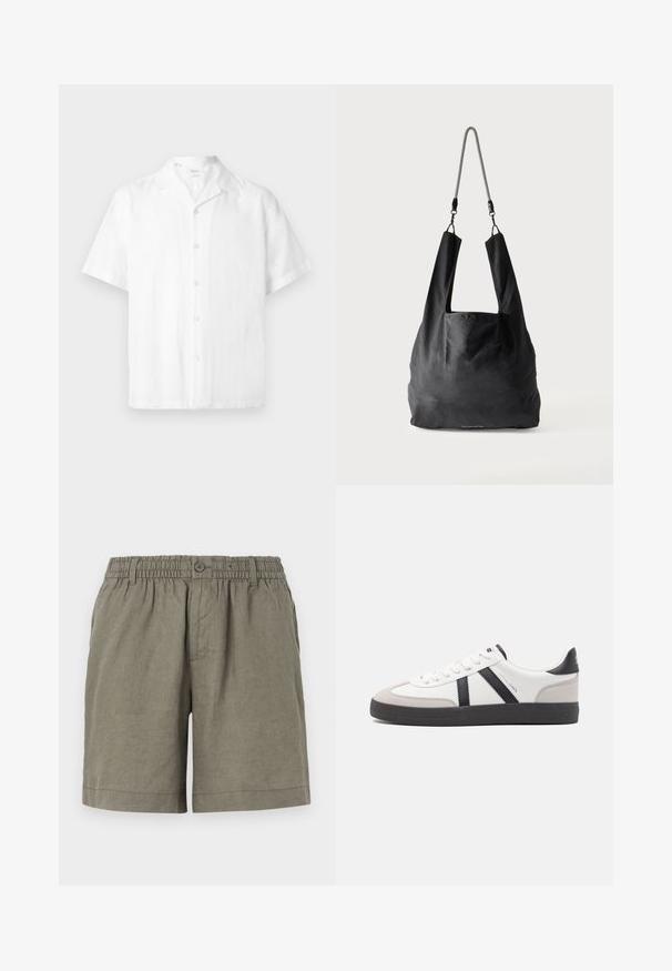 Hvid kortærmet skjorte med knapper og camp-krave, lavet af letvægtsstof, vist mod en ensfarvet baggrund.; Khaki shorts i letvægtsstof med elastisk talje og knaplukning. Har et lige ben design og optrukket kant.; Hvide sneakers med sorte og grå detaljer, med en tekstureret grå tåhætte, sort gummisål og flade hvide snørebånd. Rent design, minimalistisk stil.; Sort blød stofnettaske med brede håndtag og en tynd sort-hvid flettet skulderrem.