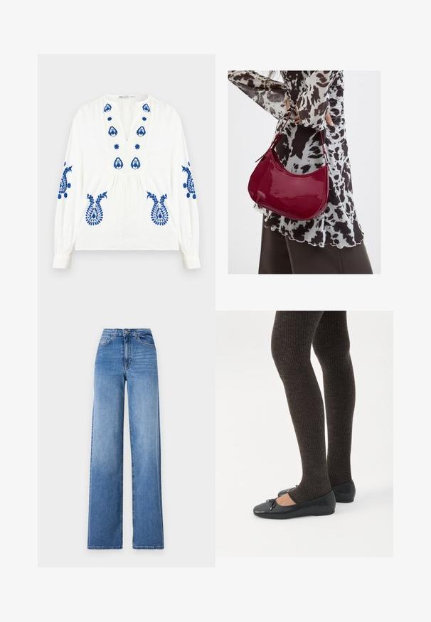 Witte blouse met lange mouwen en blauwe bloemrijke borduursels op de borst, mouwen en onderkant, met een V-hals en een geplooide taille.; Lichtblauwe wijd uitlopende spijkerbroek van denim, met een hoge taille, voorkruiszakken en een standaard knoopsluiting. Gladde textuur.; Benen met donkere geribbelde leggings gecombineerd met zwarte ballerina's met kleine strikdetails op een witte achtergrond.; Vrouw met een zwart-wit gebloemde blouse houdt een glanzende rode schoudertas vast tegen een effen achtergrond.