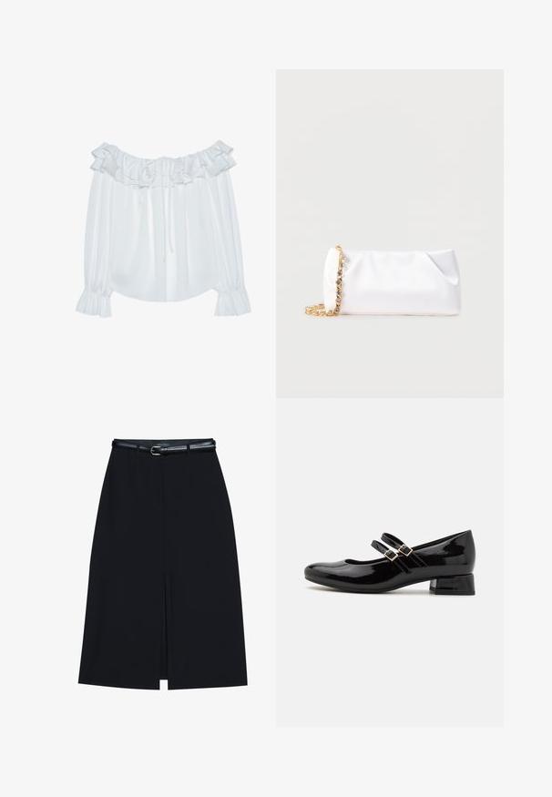 Witte off-shoulder blouse van een soepele stof, met een afgeronde halslijn, een aansnoerbare voorkant en elastische mouwuiteinden.; Zwarte knie-lange rok met een vooraanstaande split, gemaakt van gladde stof. Heeft een dunne zwarte riem met een zilveren gesp en riemlussen.; Zwarte gepatineerde leren Mary Jane-schoenen met een ronde neus, twee verstelbare gespbandjes en een lage blokhak. Gladde textuur, minimalistisch ontwerp.; Witte zachte clutchtas met goudkleurige kettingriem versierd met heldere edelstenen, geplaatst tegen een effen lichtgrijze achtergrond.