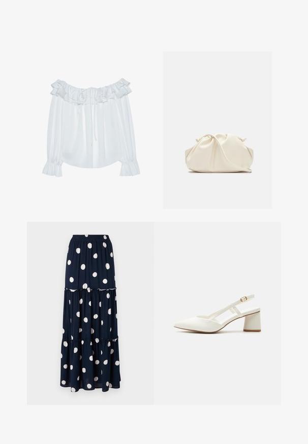 Valge õlavabadega pluus, mis on valmistatud siledast kangast, rõhutatuna volditud kaeluse, tõmbluku esise ja elastsete mansettidega varrukate poolest.; Tumedat polka dot maxi seelik valgete ringjate mustritega, millel on kihiline disain ja elastne vöökoht mugavuseks.; Valge madala plokksisema ja õhukese reguleeritava rihmaga kand, millel on terava ninaga slingback-king ja kuldne pandel ühel ühetel taustal.; Pehme kergelt kreemikas nahast klapi-tüüpi kott kokkutõmmatud volditud disainiga ning õhuke õlarihm ees rahuldaval taustal.