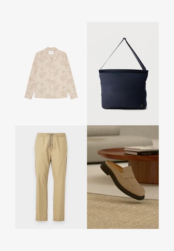 Chemise beige à boutons avec un motif floral et des lignes verticales. Fabriquée en tissu léger, elle possède un col et des manches longues.; Pantalons beiges avec une taille élastique, un cordon de serrage ajustable, des jambes droites et une texture de tissu léger.; Mocassin en daim beige avec une semelle noire posé sur un tapis texturé couleur cuir clair, avec une table basse ronde en bois et des livres en arrière-plan.; Sac d'épaule rectangulaire bleu marine avec sangle noire réglable et petite étiquette logo noire en bas à droite.