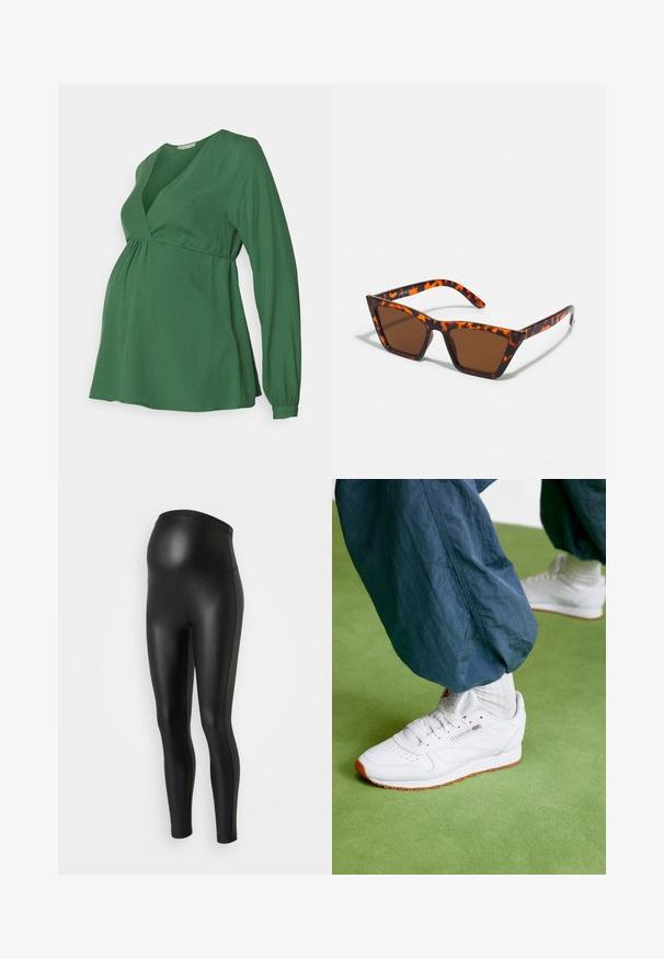 Groene zwangerschaps-top met een V-hals, lange mouwen en een empire taille, gemaakt van zachte stof met een gladde textuur.; Zwarte zwangerschapsleggings met een gladde, glanzende textuur. Het ontwerp met hoge taille past zich aan een groeiende buik aan. Rekbaar stof voor comfort en een goede pasvorm.; Witte sneakers met een gladde leren afwerking, minimalistisch ontwerp, leren gumrubberen zool en een klein rood logo aan de zijkant, gecombineerd met gestructureerde blauwe broeken.; Bruin getinte zonnebril met een schildpadmotief, hoekig montuur en slanke armen. Lichtgewicht kunststof materiaal.