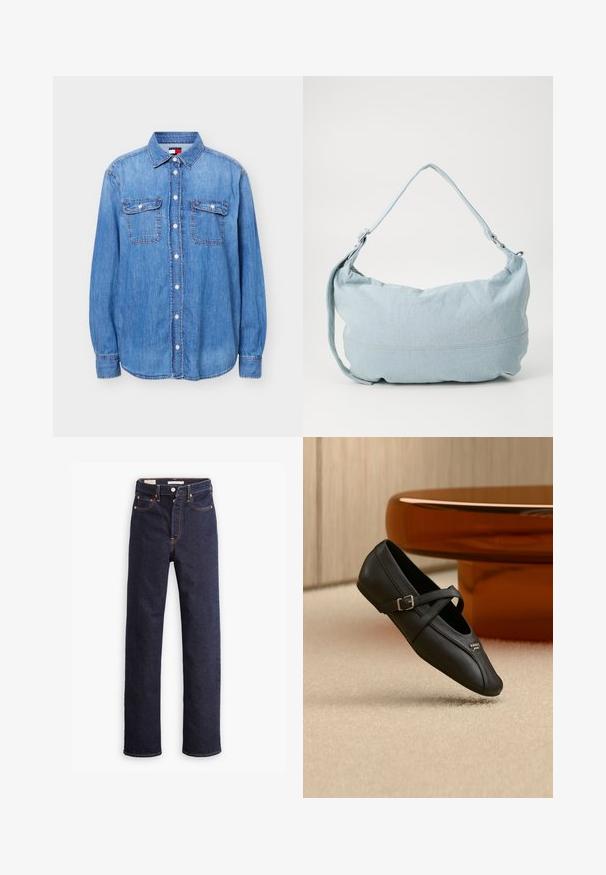 Lyseblå denimskjorte med knapper, lange ærmer, to frontlommer med klap og krave, vist på en hvid baggrund.; Mørkeblå straight-leg denim jeans med fem lommer og synlig orange syning på hvid baggrund.; Sort Mary Jane sko med en side spænde og et lille metallisk logo, placeret på et beige tæppe nær et brunt rundt bord.; Lysblå denim skuldertaske i en rund form, justerbar rem og diskret syning langs den nederste kant. Blød tekstur.