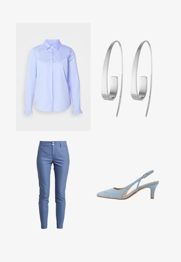Lichtblauw button-up overhemd van gladde stof, met een klassieke kraag en ruches aan de mouwmanchetten.; Slim-fit herenbroek in lichtblauwe stof met een gladde textuur, voorzien van een vlakke voorkant en een tailleband met twee knopen.; Lichtblauwe nubuck slingback hak, puntige neus, verstelbaar enkelbandje met metalen gesp, natuurlijke beige binnenzool en lage hak.; Zilveren creolen met een slank, langwerpig ontwerp. Gemaakt van gepolijst metaal, met een gladde textuur en minimalistische stijl.